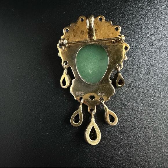 Vintage Gold Plated Sajen 925 Jade Face Brooch With Jewels - Picture 3 of 4